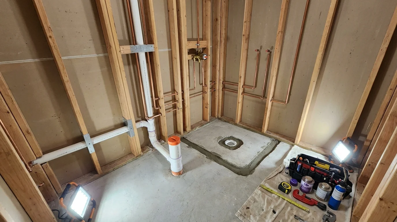 Bathroom rough-in plumbing during remodel by Johns Plumbing LLC in Farley