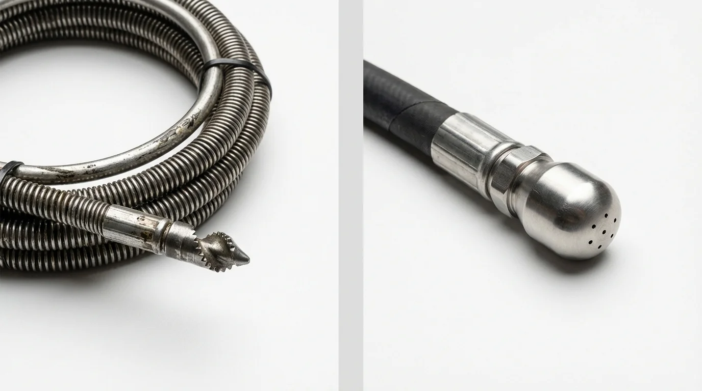 Drain snake cable and hydro jetting nozzle used for drain cleaning in Farley, IA