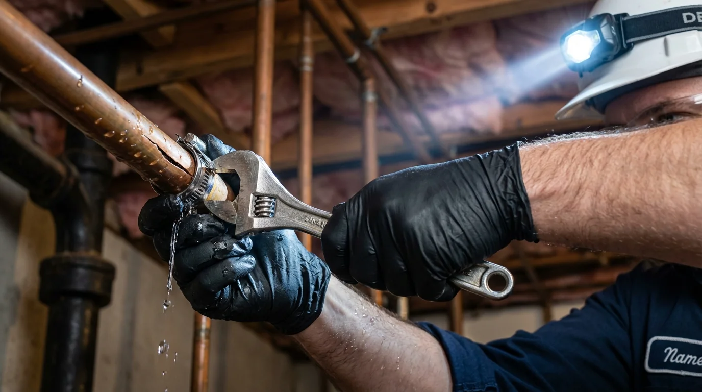 Emergency pipe clamp repair being performed by a Johns Plumbing LLC plumber in Farley
