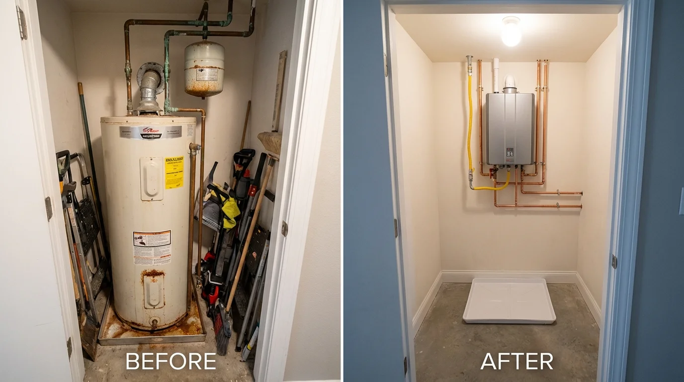Tank water heater versus wall-mounted tankless unit comparison for Farley, IA homeowners