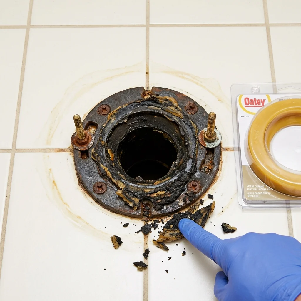 Failed wax ring showing water seepage at the base of a toilet in a Farley, IA home