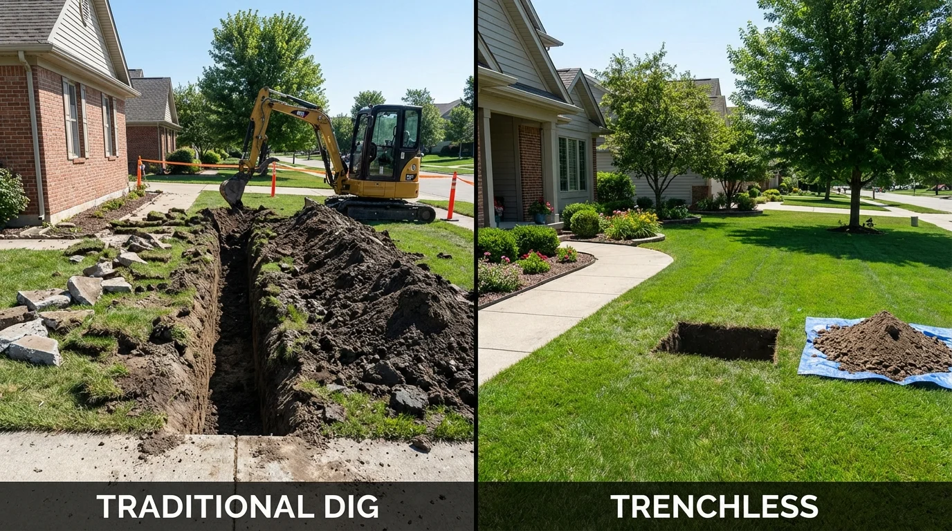 Trenchless sewer repair with minimal yard damage versus traditional excavation in Farley, IA