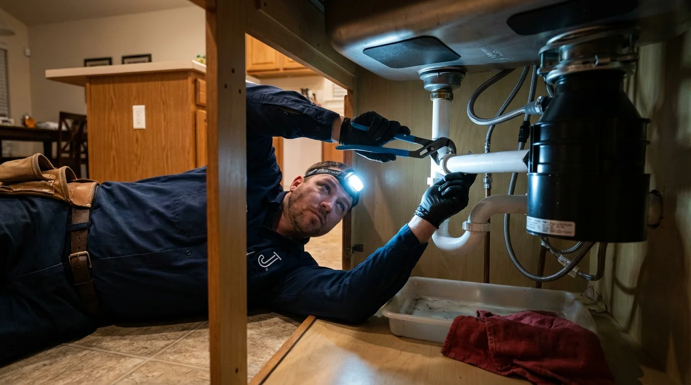 P-trap and supply line connections under a kitchen sink showing a common leak point in Farley, IA